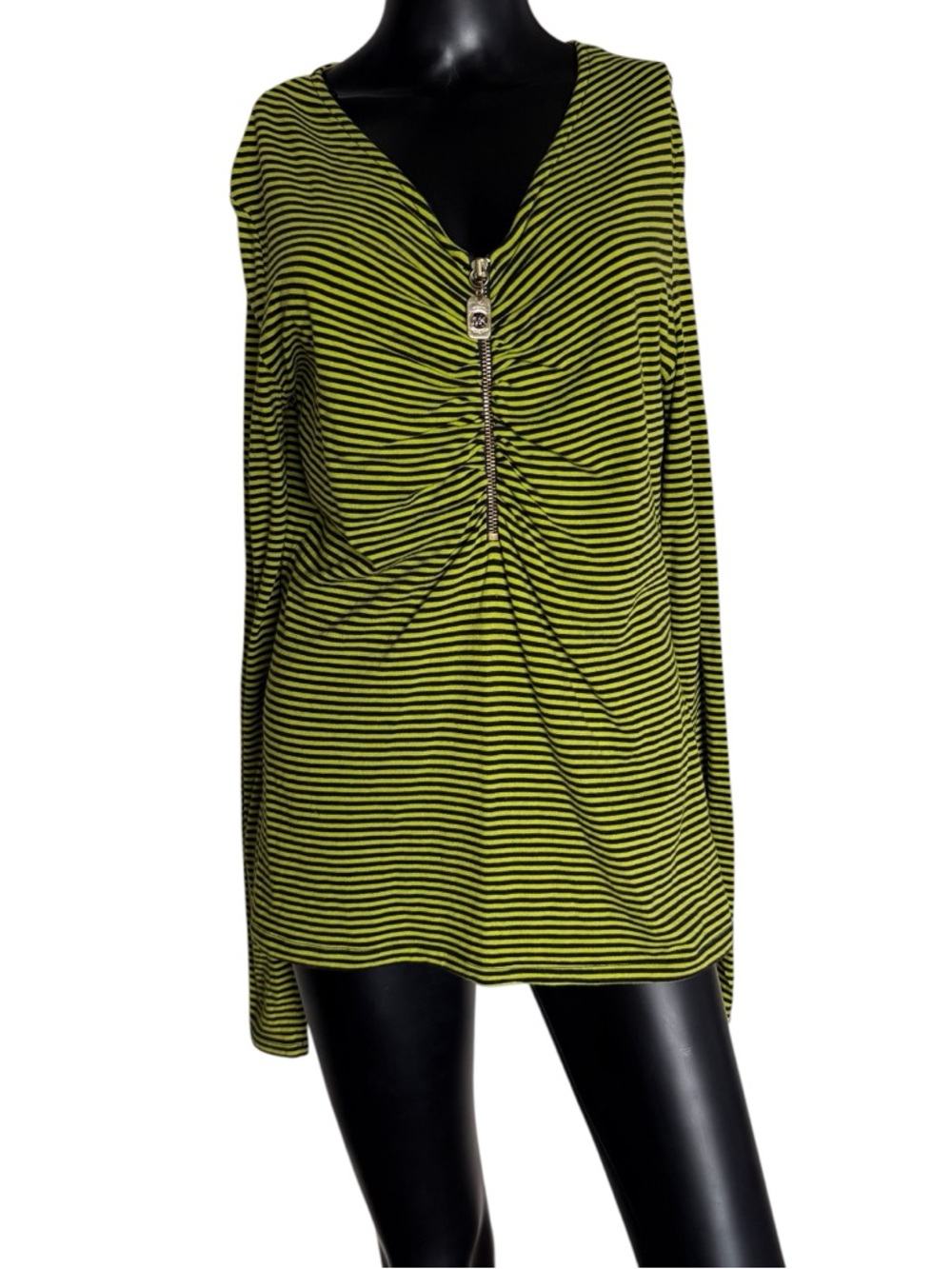 Michael Kors Lime Green & Black Striped Zip-Front Long Sleeve Top